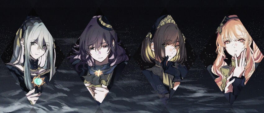 1other 25-ji_nightcord_de._(project_sekai) 3girls absurdres akiyama_mizuki androgynous asahina_mafuyu black_background black_gloves brown_eyes brown_hair closed_mouth commentary diamond_(shape) dress expressionless gem gloves green_hair grey_hair hair_ornament hand_on_own_face hat highres long_hair looking_at_viewer looking_down minasoko_ni_kage_wo_sagashite_(project_sekai) mini_hat multiple_girls official_alternate_costume otsggn pink_eyes pink_hair project_sekai purple_hair sad shinonome_ena short_hair sidelocks smile star_(sky) upper_body yoisaki_kanade