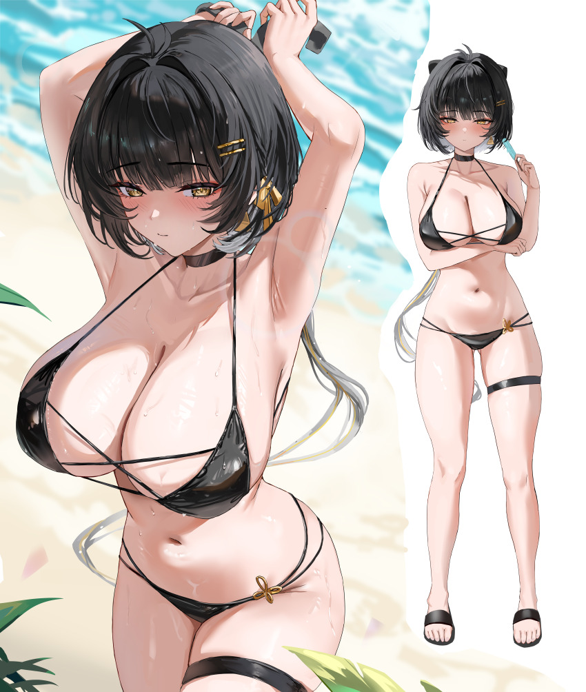 1girl parallel_hairclips absurdres arm_under_breasts bare_shoulders beach bikini black_bikini black_choker black_hair blush breasts choker cleavage collarbone colored_inner_hair earrings female_rover_(wuthering_waves) food hair_ribbon highres huge_breasts jewelry long_hair looking_at_viewer maoza1 multicolored_hair multiple_views navel parted_lips popsicle ribbon rover_(wuthering_waves) sandals smile solo stomach swimsuit thighs triangle_earrings very_long_hair white_hair wuthering_waves yellow_eyes yellow_ribbon