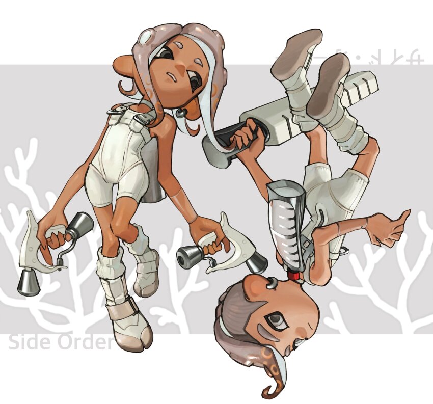 1boy 1girl agent_8_(splatoon) bodysuit copyright_name coral covered_navel earrings grey_eyes grey_hair highres holding ink_tank_(splatoon) jewelry long_hair miko_(15476997) mohawk nintendo octoling octoling_boy octoling_girl octoling_player_character order_dualies_(splatoon) order_splatana_(splatoon) short_hair single_earring splatoon_(series) splatoon_3 splatoon_3:_side_order tentacle_hair white_bodysuit