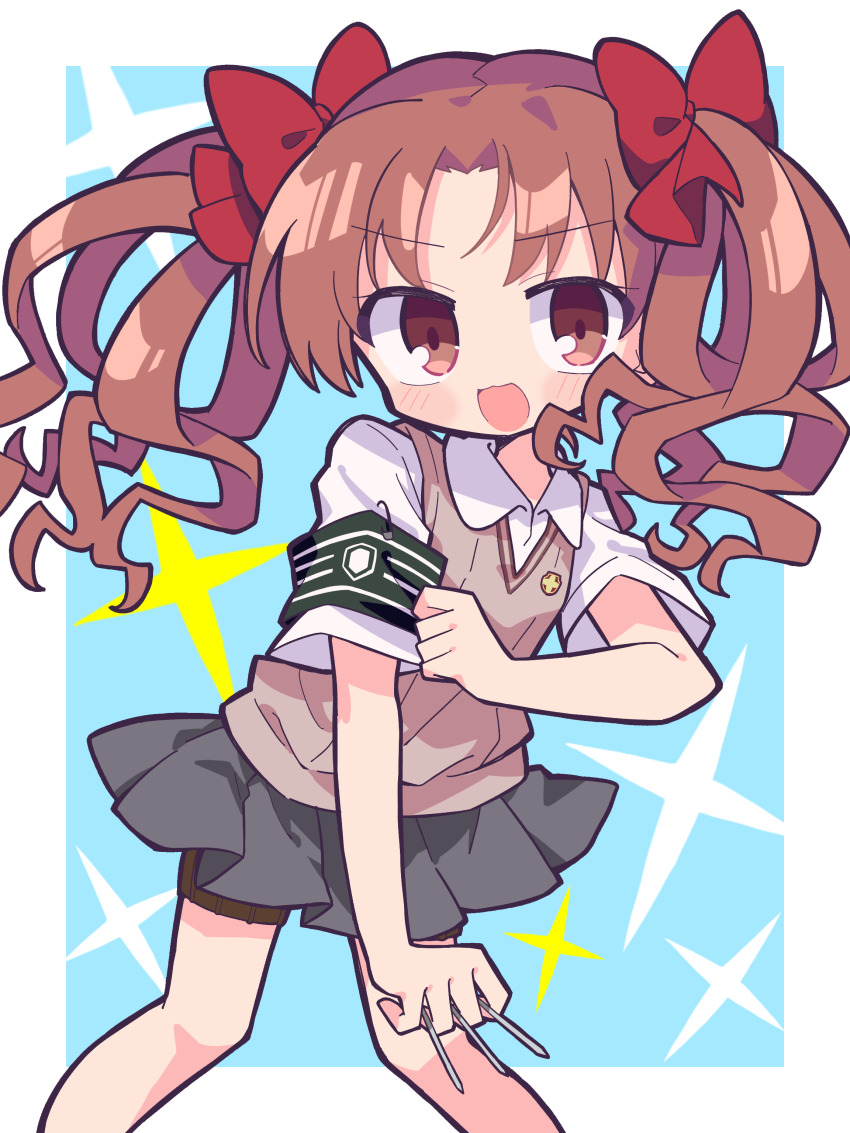 1girl absurdres armband between_fingers blue_background blush border bow brown_eyes brown_hair brown_sweater_vest collared_shirt commentary_request cowboy_shot emblem green_armband grey_skirt hair_bow highres holding holding_needle long_hair looking_at_viewer needle open_mouth outside_border pleated_skirt richard_(richaball) school_emblem school_uniform shirai_kuroko shirt short_sleeves skirt solo sparkle summer_uniform sweater_vest throwing_needles toaru_kagaku_no_railgun toaru_majutsu_no_index tokiwadai_school_uniform twintails white_border white_shirt