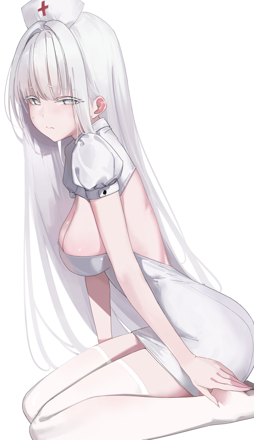 1girl absurdres alternate_costume blush breasts bright_pupils cleavage closed_mouth colored_eyelashes commentary embarrassed from_side hat highres jinhsi_(wuthering_waves) laneigu large_breasts long_hair mole mole_on_cheek no_shoes nurse_cap seiza short_sleeves shrug_(clothing) sidelocks simple_background sitting solo thighhighs thighs white_background white_eyelashes white_eyes white_hair white_pupils white_shrug white_thighhighs wuthering_waves