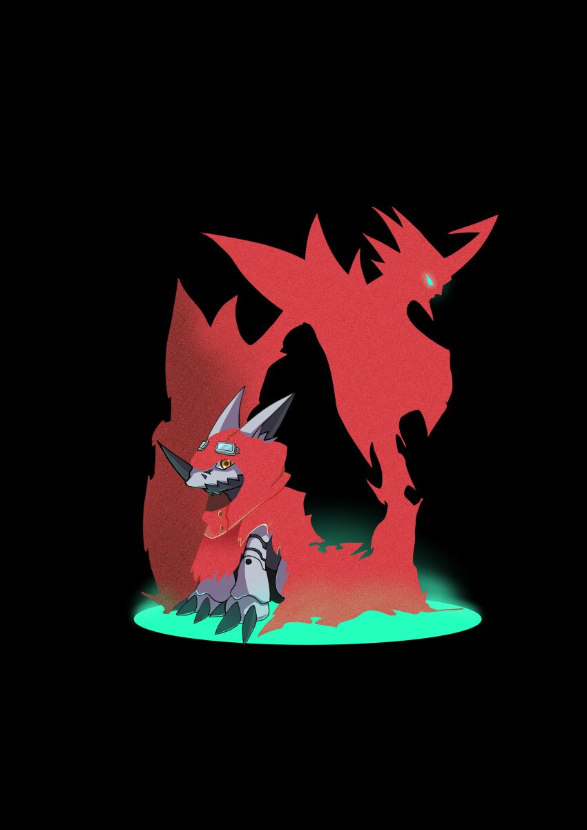 absurdres all_fours black_background cloak copyright_name digimon digimon_(creature) digimon_card_game digimon_liberator dragon evolutionary_line full_body goggles hackmon_(digimon) highres hood hood_up horns jesmon jesmon_gx red_cloak red_hood silhouette simple_background single_horn solo_focus usagibochi yellow_eyes