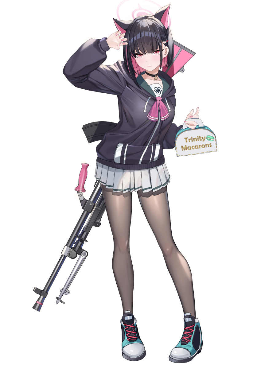 1girl absurdres animal_ears arm_up black_choker black_hair black_jacket black_pantyhose blue_archive box bren_lmg cat_ears cat_girl choker colored_inner_hair commentary extra_ears full_body green_sailor_collar gun hair_ornament hairclip halo hand_up highres holding holding_box hood hooded_jacket jacket kazusa_(blue_archive) light_machine_gun long_sleeves looking_at_viewer machine_gun miniskirt mukmuknodap multicolored_hair neckerchief pantyhose pastry_box pink_eyes pink_hair pink_halo pink_neckerchief pleated_skirt puffy_long_sleeves puffy_sleeves sailor_collar shoes short_hair simple_background skirt sneakers solo weapon white_background white_skirt