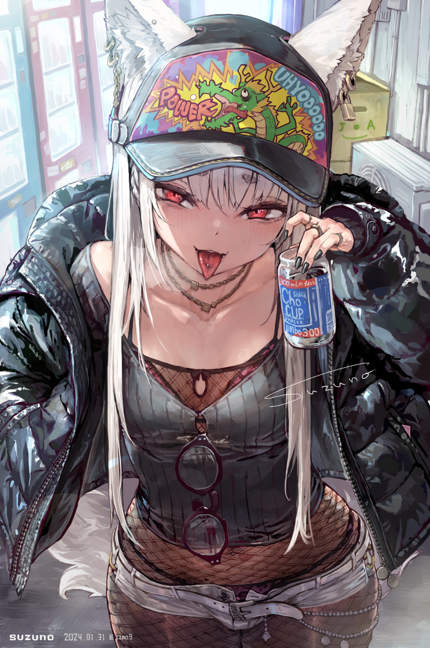 1girl alley animal_ear_fluff animal_ears animal_print artist_name baseball_cap belt black-framed_eyewear black_jacket black_nails black_shirt bodystocking box bra bra_peek breasts cardboard_box chain chain_necklace collarbone condenser_unit cowboy_shot cropped_shirt cup dated dragon earrings ears_through_headwear english_text fingernails fishnets fox_ears fox_girl fox_tail hair_between_eyes hand_in_pocket hand_up hat headwear_writing highres holding holding_cup hoop_earrings jacket jewelry leopard_print long_fingernails long_hair long_sleeves looking_at_viewer midriff multiple_piercings multiple_rings nail_polish navel navel_piercing necklace open_clothes open_jacket original panties panty_peek piercing pink_bra puffy_long_sleeves puffy_sleeves red_eyes ring shirt short_eyebrows short_shorts shorts signature sleeves_past_wrists small_breasts solo stud_earrings suzuno_(bookshelf) tail tongue tongue_out tongue_piercing twitter_username underwear unworn_eyewear v-neck vending_machine white_hair white_shorts
