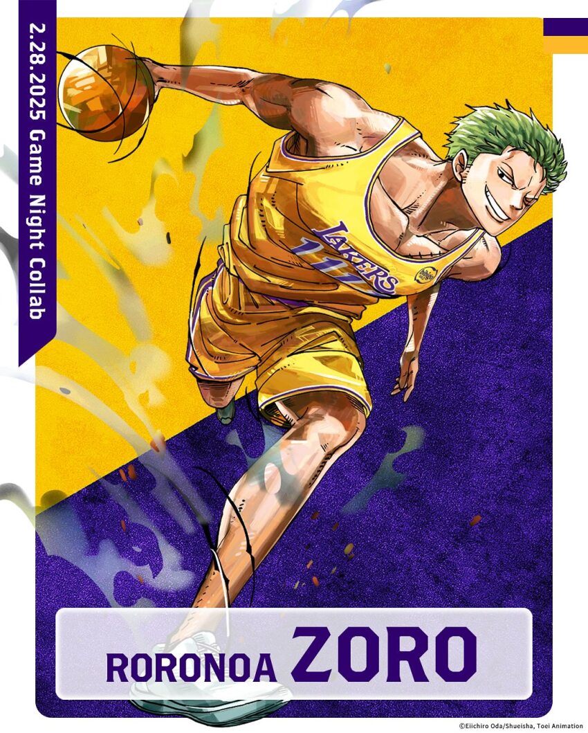 1boy artist_request ball basketball_(object) basketball_jersey character_name collarbone dated dribbling_(basketball) full_body green_hair grin highres holding holding_ball looking_at_viewer los_angeles_lakers male_focus national_basketball_association official_art one_eye_closed one_piece pectorals promotional_art roronoa_zoro scar scar_across_eye scar_on_face shirt shoes short_hair shorts smile smoke sneakers solo sportswear toned toned_male very_short_hair yellow_shirt yellow_shorts