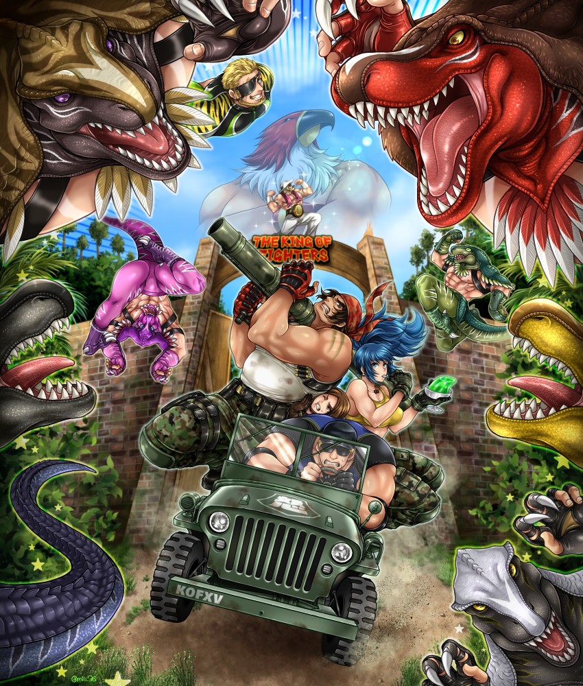 antonov_(kof) bandana bare_pectorals baseball_cap blue_hair clark_still claws crossover dinosaur_boy dinosaur_costume eyepatch fangs fatal_fury garou:_mark_of_the_wolves tizoc_(snk) hat highres ikari_(game) ikari_warriors jurassic_park king_of_dinosaurs leona_heidern metal_slug military_jeep miru_(mill_36) motor_vehicle muscular muscular_male parody pectorals ralf_jones ramon_(kof) rocket_launcher snk sunglasses tail the_king_of_fighters the_king_of_fighters_2003 the_king_of_fighters_xiv weapon whip_(kof)
