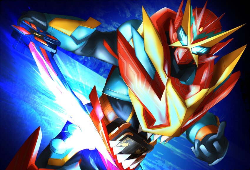 1boy alternate_costume armor blue_bodysuit blue_eyes blue_gloves bodysuit commentary_request rider_belt fire foreshortening forest gloves glowing glowing_eyes gotcha_driver gotchardcalibur highres holding holding_sword holding_weapon kamen_rider kamen_rider_gotchard kamen_rider_gotchard_(series) lightning_bolt_print male_focus miyabi_(037) nature official_alternate_costume open_hands outdoors red_armor rider_belt sharp_teeth solo sword teeth thighs tokusatsu weapon x-rex x_mark