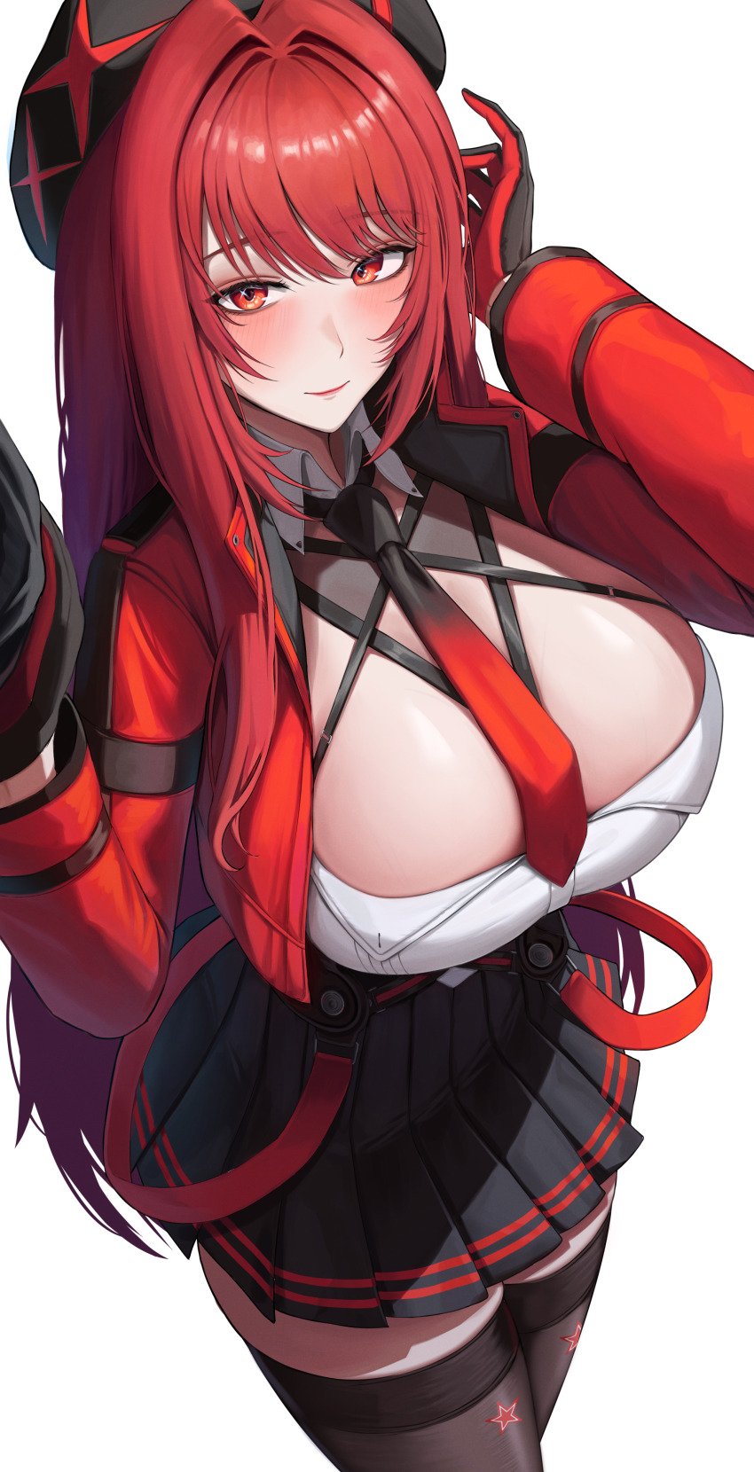 1girl absurdres beret black_gloves black_thighhighs blush bodam breasts cleavage commentary cropped_jacket gloves goddess_of_victory:_nikke hat highres large_breasts long_hair long_sleeves looking_at_viewer necktie rapi_(nikke) rapi_(red_hood)_(nikke) red_eyes red_hair red_necktie shirt simple_background solo spoilers thighhighs thighs two-tone_gloves white_background