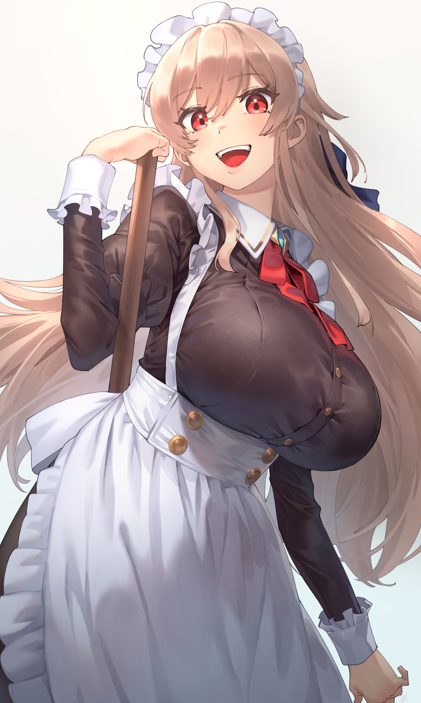 1girl :d absurdres alternate_costume apron black_dress blue_bow bow bowtie breasts brown_hair commentary dress enmaided frilled_apron frilled_cuffs frills furen_e_lustario hair_bow highres huge_breasts juliet_sleeves long_hair long_sleeves looking_at_viewer maid maid_apron maid_headdress mop nijisanji open_mouth puffy_long_sleeves puffy_sleeves red_bow red_bowtie red_eyes simple_background smile solo ubo_(ubo_tales) very_long_hair virtual_youtuber waist_apron white_apron white_background wing_collar