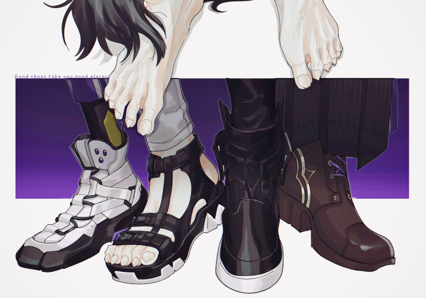 1boy ankle_boots asymmetrical_footwear asymmetrical_pants barefoot black_footwear black_hakama black_pants boots brown_footwear english_text hakama highres holostars japanese_clothes kageyama_shien kageyama_shien_(1st_costume) lace-up_boots male_focus momiage_40 multiple_views official_alternate_costume out_of_frame outside_border pants purple_background sandals sharp_toenails standing tail toenails veins virtual_youtuber white_footwear white_pants