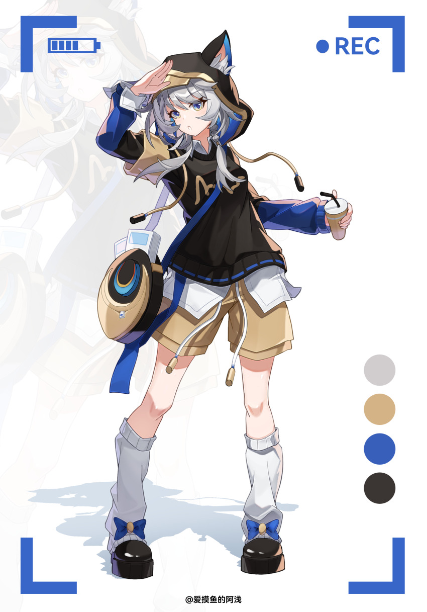 1girl absurdres alternate_costume animal_ear_fluff animal_ears animal_hood bag black_hood black_shoes blue_eyes breasts brown_shorts cat_ears cat_girl cat_hood cipher_(honkai:_star_rail) commentary_request cup disposable_cup grey_hair highres holding holding_cup honkai:_star_rail honkai_(series) hood leg_warmers qianxiang_asuka recording shoes short_hair_with_long_locks shorts shoulder_bag solo viewfinder white_background white_leg_warmers zoom_layer