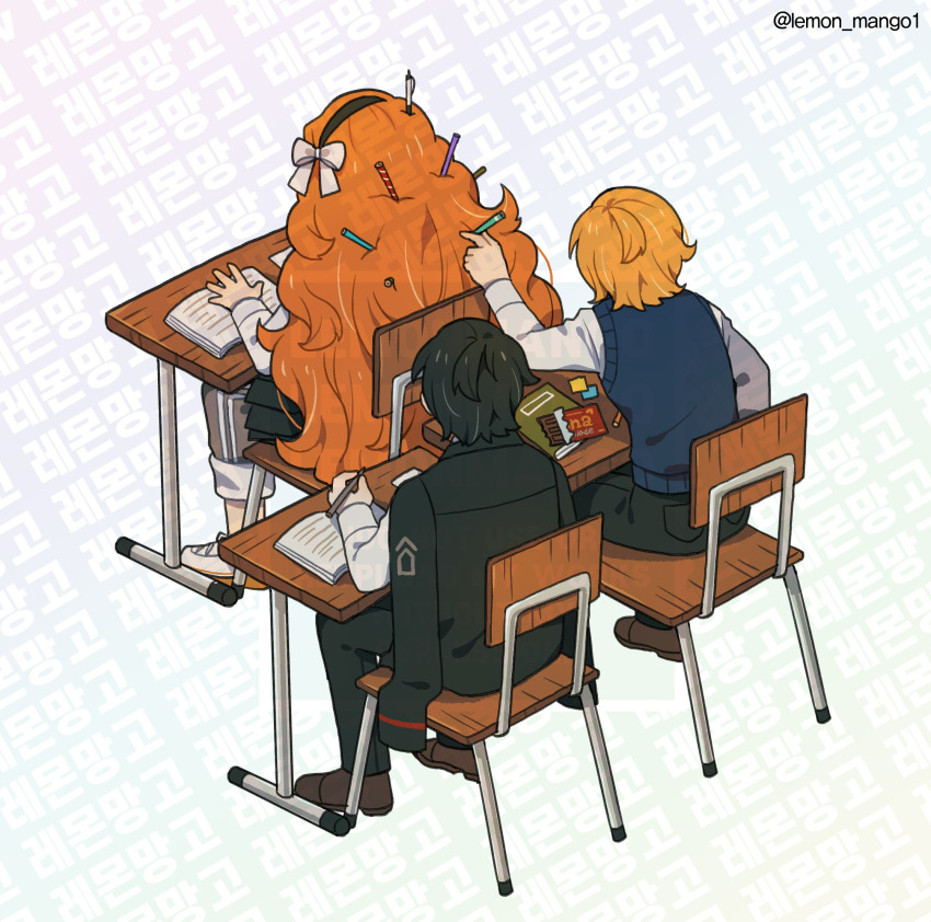 1boy 2girls bad_id bad_twitter_id black_coat black_hair black_pants blonde_hair bow coat coat_on_shoulders don_quixote_(project_moon) full_body hair_bow highres ishmael_(project_moon) lemon_mango1 limbus_company long_hair multiple_girls orange_hair pants pen_in_hair pencil_in_hair project_moon short_hair simple_background very_long_hair white_background white_bow yi_sang_(project_moon)