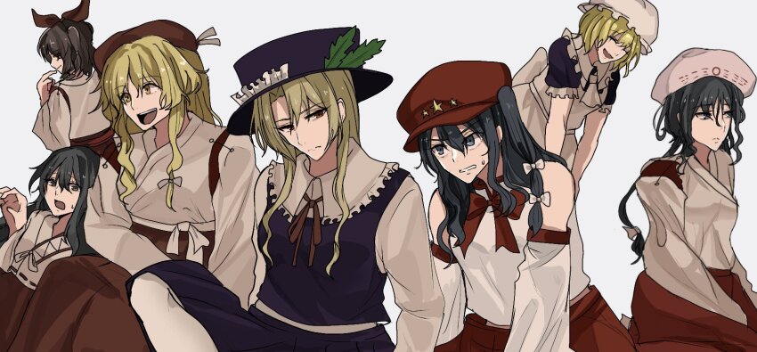 6+girls apron ascot bare_shoulders black_eyes black_hair black_hat black_skirt black_vest blonde_hair blonde_shrine_maiden_from_a_future_era_(touhou) brown_hair cleaning_maid_(touhou) detached_sleeves dolls_in_pseudo_paradise girl_who_trained_on_mt._haku_(touhou) hat hat_feather hat_ornament highres hourai_girl_(touhou) jacket_girl_(dipp) japanese_clothes kimono label_girl_(dipp) long_sleeves mob_cap moonlight&#039;s_anti-soul_(touhou) multiple_girls newsboy_cap portrait_of_exotic_girls red_skirt shirt side_ponytail skirt sleeveless sleeveless_shirt star_(symbol) star_hat_ornament touhou trigram vest white_ascot white_hat white_sleeves youna_nan