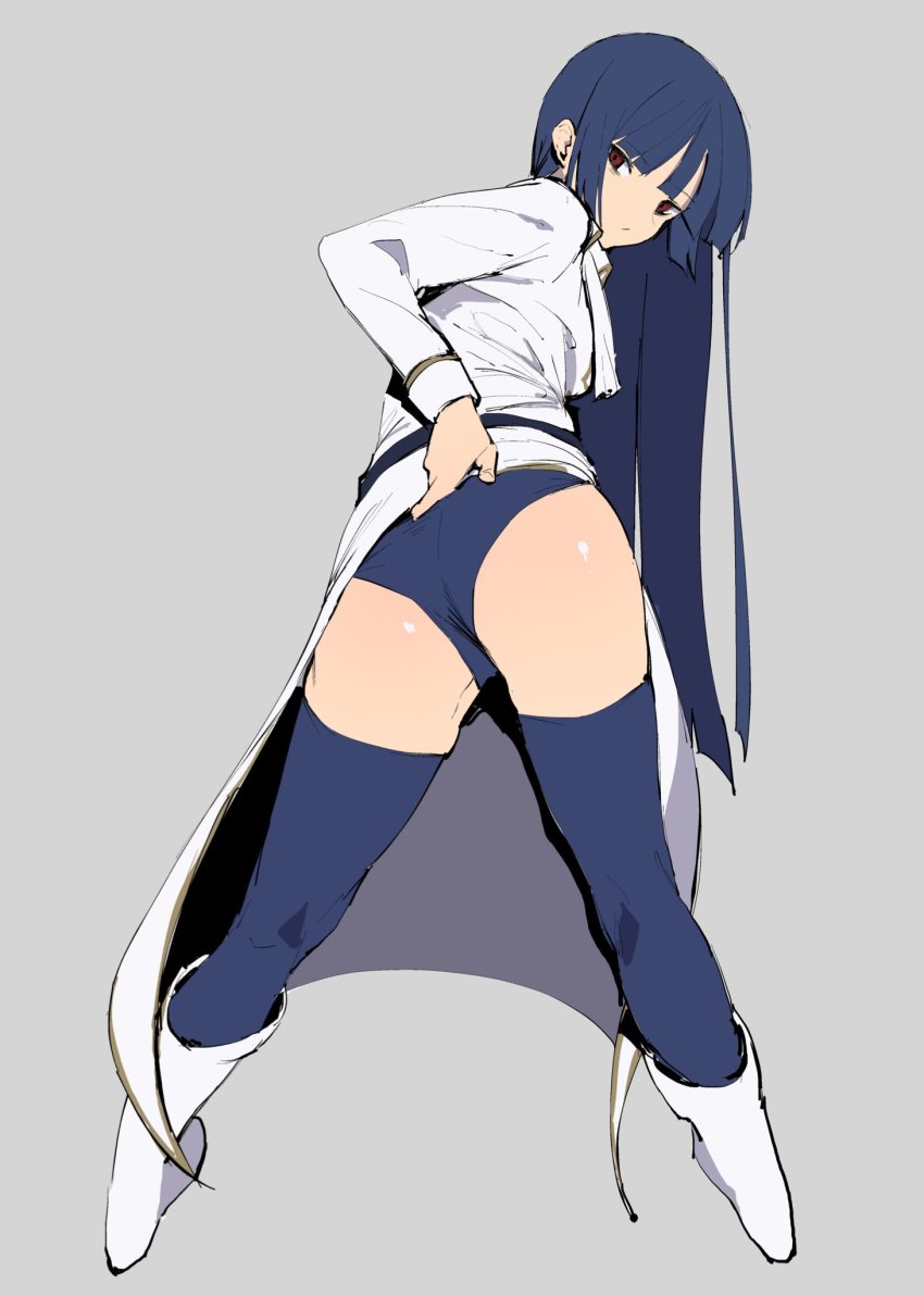 1girl ass ass_focus blue_hair blunt_bangs boots china_dress chinese_clothes closed_mouth dress female_focus gintama highres imai_nobume jikatarou long_hair panties red_eyes solo thighhighs thighhighs_under_boots underwear very_long_hair