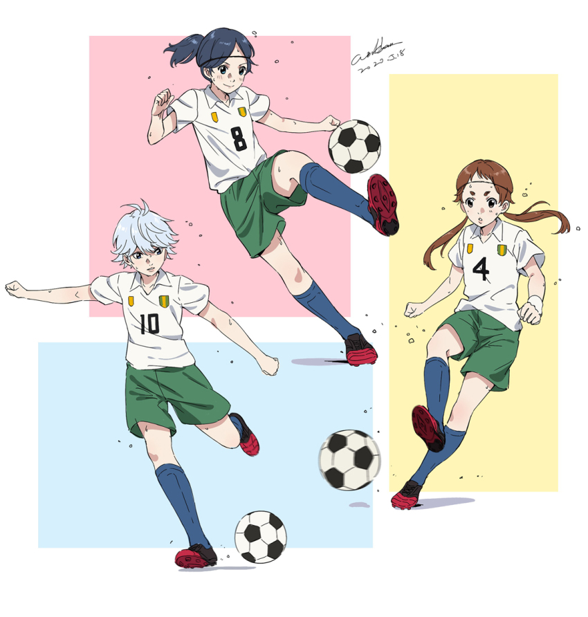 3girls ahoge antenna_hair artist_name ball black_hair black_headband blue_eyes blue_socks blush brown_hair cleats clenched_hands closed_mouth collared_shirt dated emblem flying_sweatdrops full_body green_shorts grey_eyes hands_up headband high_ponytail highres itou_haruna jersey kicking kneehighs knees low_twintails medium_hair multicolored_background multicolored_footwear multiple_girls number_print onda_nozomi open_mouth parted_hair parted_lips ponytail red_footwear sayonara_watashi_no_cramer shin_guards shirt shoes short_eyebrows short_hair short_sleeves shorts signature smile soccer soccer_ball soccer_uniform socks soshizaki_midori sportswear straight_hair suo_sumire sweat sweatband thick_eyebrows twintails werkbau white_hair white_shirt wristband