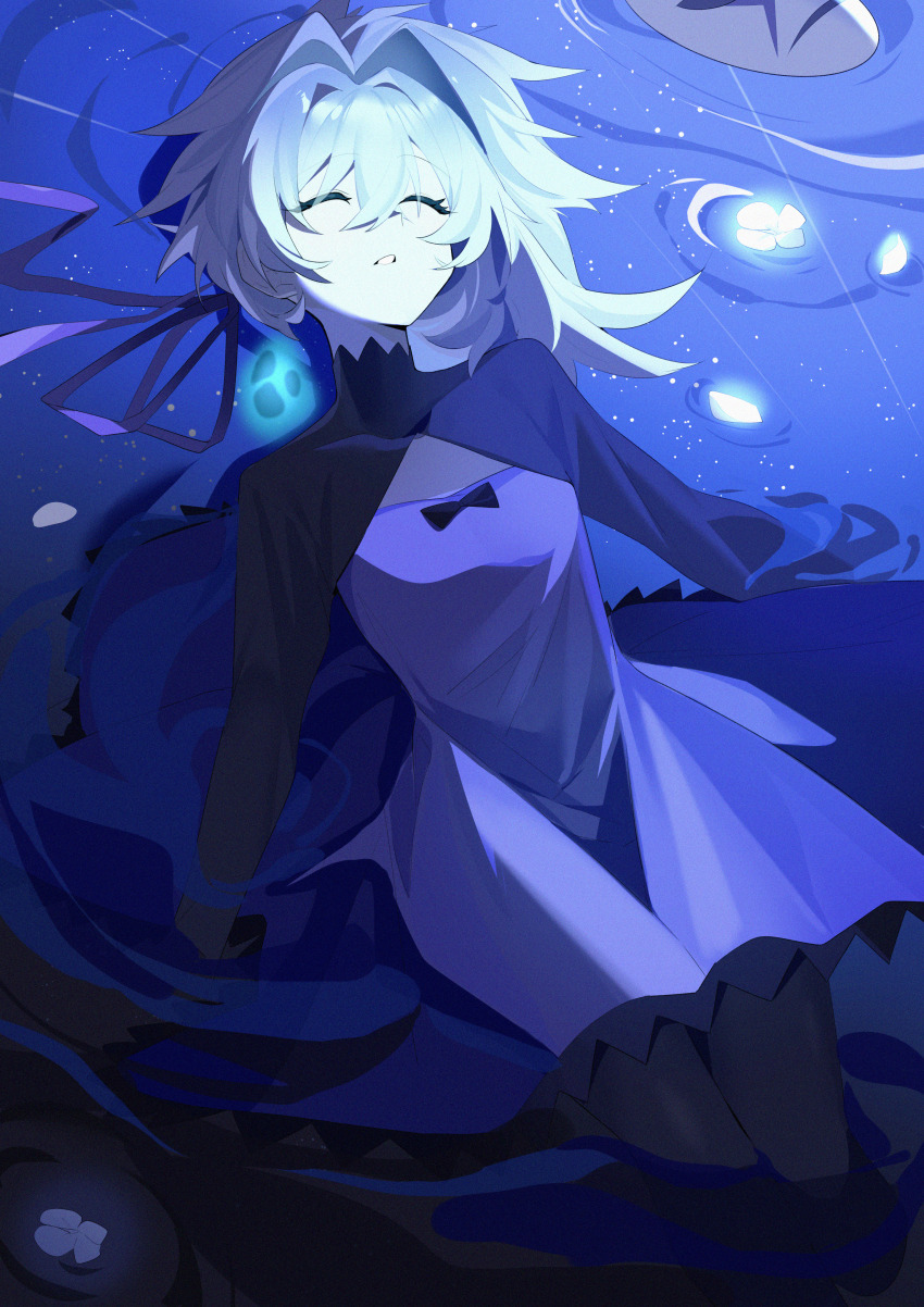 1girl absurdres black_pantyhose breasts closed_eyes darker_than_black dress grey_hair grey_ribbon hair_between_eyes hair_ribbon highres long_hair long_sleeves lying on_back pantyhose parted_lips ponytail purple_dress ribbon shrug_(clothing) small_breasts solo wako_(1194433260) yin_(darker_than_black)