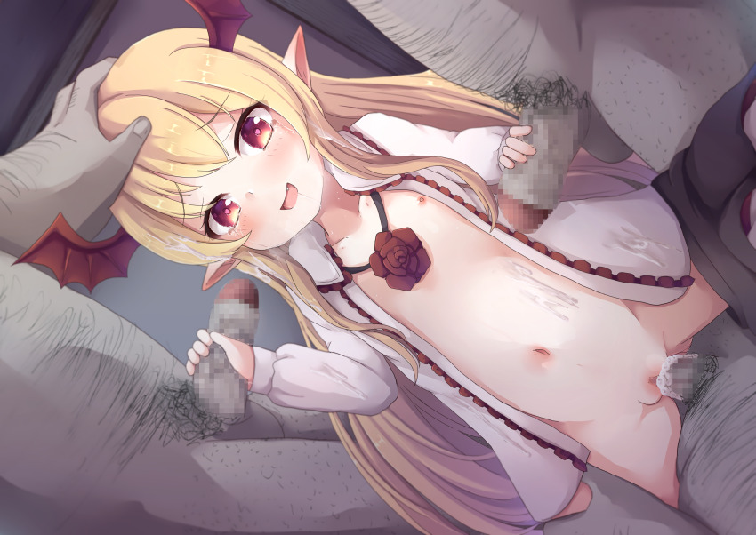 1girl 3boys blonde_hair cum cum_in_pussy cum_on_hair flat_chest foamyforme granblue_fantasy group_sex handjob highres long_hair multiple_boys nipples penis princess_connect! pussy red_eyes sex shingeki_no_bahamut vaginal vampire vampy
