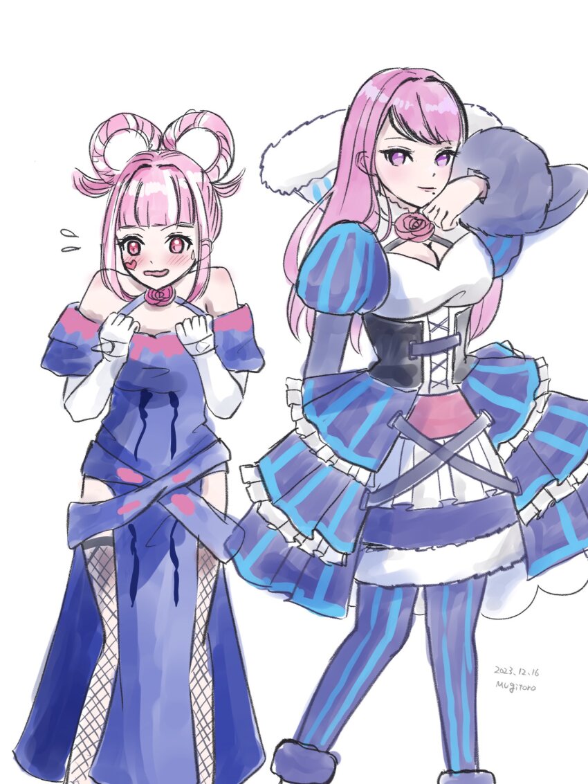2girls aqua_pantyhose brooch cosplay costume_switch cross-laced_clothes cross-laced_dress dress facial_mark fire_emblem fire_emblem_engage fishnet_thighhighs fishnets flower flower_brooch hair_flaps hair_rings heart heart_facial_mark highres hortensia_(fire_emblem) hortensia_(fire_emblem)_(cosplay) ivy_(fire_emblem) ivy_(fire_emblem)_(cosplay) mugitoro_(dsfv2277) multiple_girls nintendo pantyhose pink_eyes pink_hair purple_eyes purple_hair rose siblings sisters spiked striped_clothes striped_dress thighhighs thorn_print two-tone_pantyhose vertical-striped_clothes vertical-striped_dress