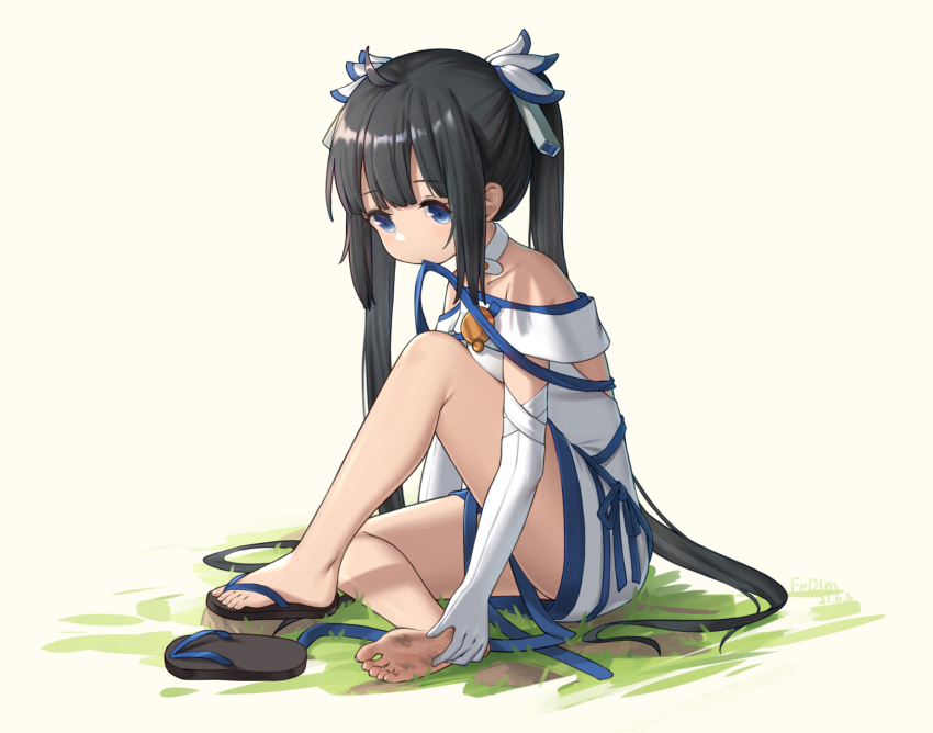 artist_name bare_shoulders black_hair black_sandals blue_eyes blue_ribbon brown_background choker dated dress dungeon_ni_deai_wo_motomeru_no_wa_machigatteiru_darou_ka elbow_gloves full_body gloves hair_ornament hand_on_own_foot hestia_(danmachi) highres koebushi_(mat) long_hair mouth_hold off-shoulder_dress off_shoulder on_grass on_ground rei_no_himo ribbon sandals sidelocks simple_background single_sandal sitting soles toes twintails very_long_hair white_choker white_dress white_gloves