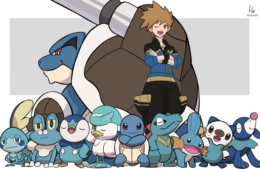 1boy absurdres blastoise blue_oak blue_oak_(sygna_suit) brown_hair crossed_arms fangs froakie gen_1_pokemon gen_2_pokemon gen_3_pokemon gen_4_pokemon gen_5_pokemon gen_6_pokemon gen_7_pokemon gen_8_pokemon highres ida_(idalol490) looking_at_viewer mega_blastoise mega_pokemon mudkip nintendo official_alternate_costume open_mouth oshawott piplup pokemon pokemon_(creature) pokemon_masters_ex popplio quaxly smile sobble spiked_hair squirtle totodile wavy_mouth