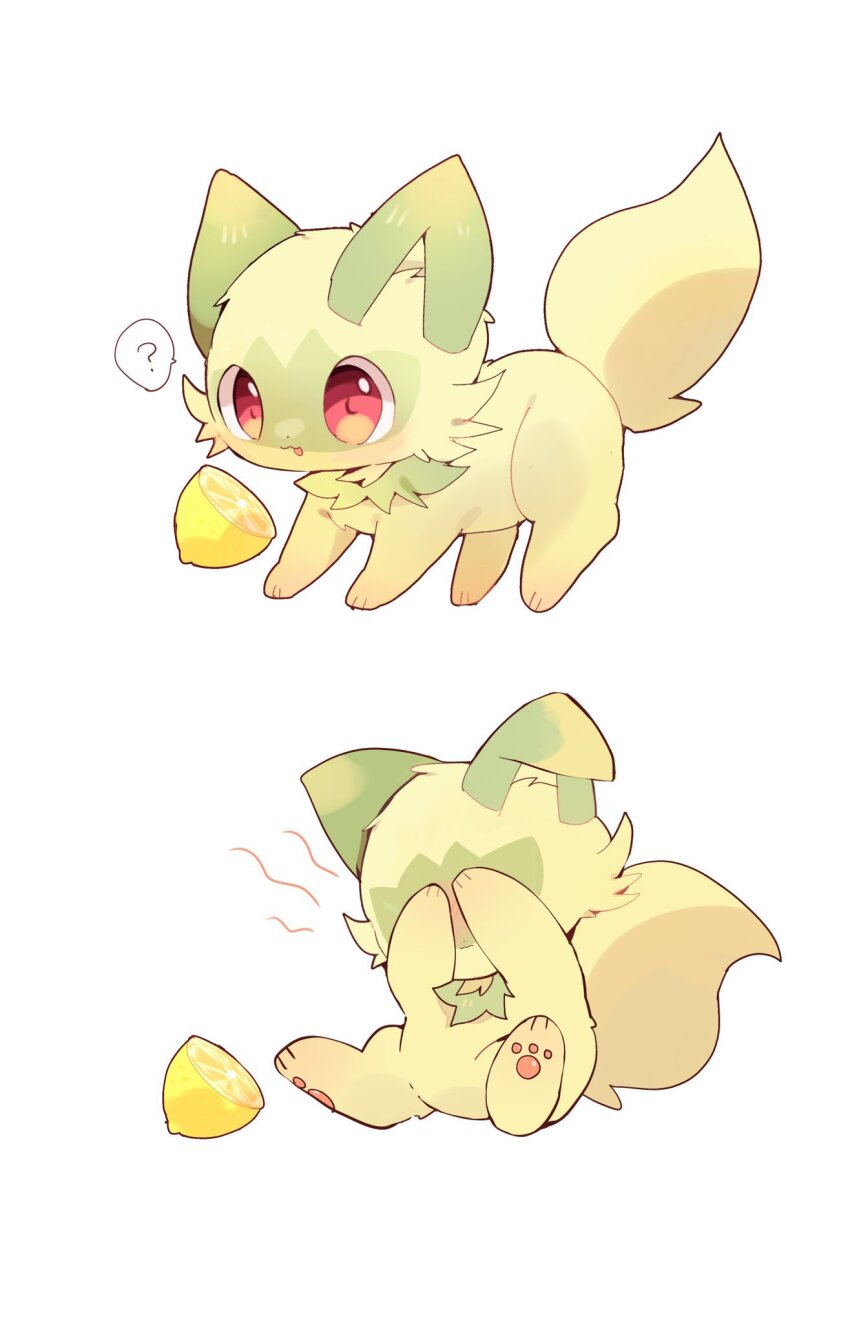 ? commentary covering_face food fruit highres lemon nintendo no_humans open_mouth pokemon pokemon_(creature) red_eyes simple_background sitting smile spoken_question_mark sprigatito symbol-only_commentary white_background yupo_0322