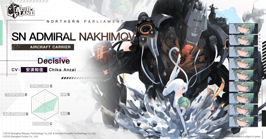 1girl admiral_nakhimov_(azur_lane) animal_ears ass azur_lane backless_bodysuit bare_back bodysuit cat_ears english_text multiple_expressions fake_animal_ears full_body green_hair high_heels highres kincora looking_at_viewer mecha official_art promotional_art rigging robot short_hair solo stats white_bodysuit world_of_warships yellow_eyes