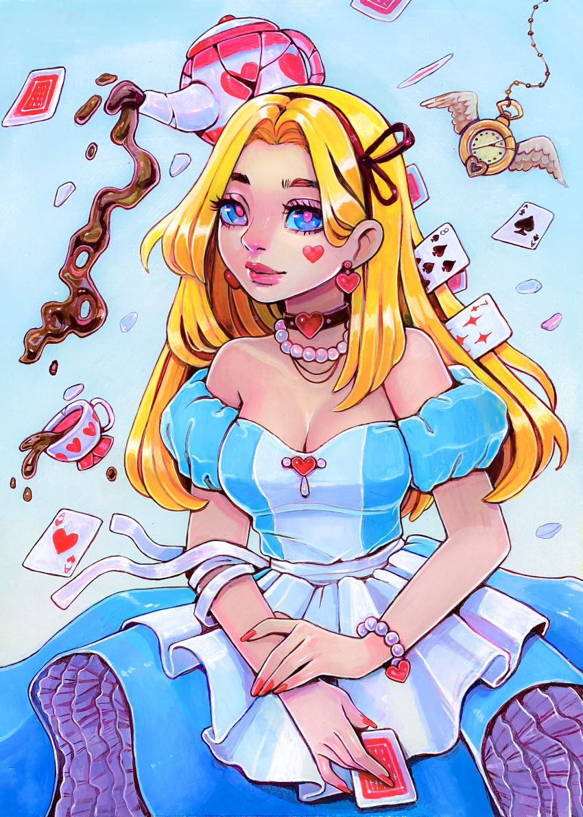 1girl absurdres acrylic_paint_(medium) alice_(alice_in_wonderland) alice_in_wonderland bead_bracelet bead_necklace beads black_choker black_hairband blonde_hair blue_dress bracelet breasts broken card choker cleavage commentary cup dress earrings eyebrows_hidden_by_hair frilled_dress frills green_eyes hairband heart heart_earrings highres holding holding_card jewelry long_hair lord_griselda medium_breasts necklace painting_(medium) pink_lips playing_card pocket_watch solo strapless strapless_dress teacup teapot traditional_media upper_body watch
