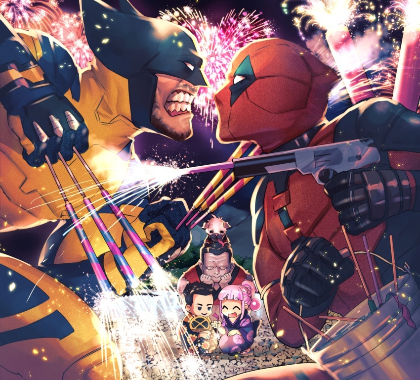 2girls 3boys angry animification bodysuit chibi colossus_(x-men) deadpool deadpool_&amp;_wolverine deadpool_(series) dog dogpool echiki_y fireworks highres japanese_clothes kimono marvel marvel_cinematic_universe mask multiple_boys multiple_girls negasonic_teenage_warhead pink_hair red_bodysuit red_mask smile superhero_costume two-tone_bodysuit weapon weapon_on_back wolverine_(x-men) x-men yellow_bodysuit yukio_(marvel) yuri