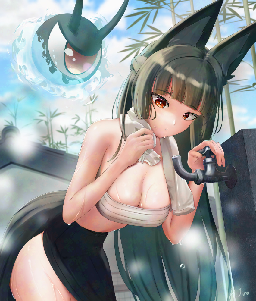 1girl absurdres animal_ears bamboo black_hair breasts chest_sarashi cleavage drinking_fountain eyeball fox_ears fox_girl fox_tail half_updo high-waist_skirt highres holding holding_towel hoshimi_miyabi large_breasts orange_hair sarashi skirt sweat tail towel user_fwuk5773 zenless_zone_zero