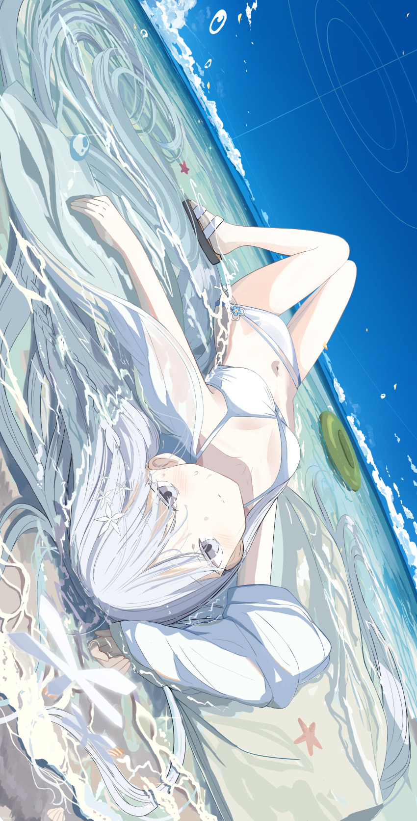 1girl absurdres bikini blue_archive breasts colored_eyelashes force_(fossan_01) hair_ornament halo highres nagusa_(blue_archive) nagusa_(swimsuit)_(blue_archive) navel official_alternate_costume snowflake_hair_ornament solo swimsuit upside-down white_bikini white_eyelashes white_eyes white_halo