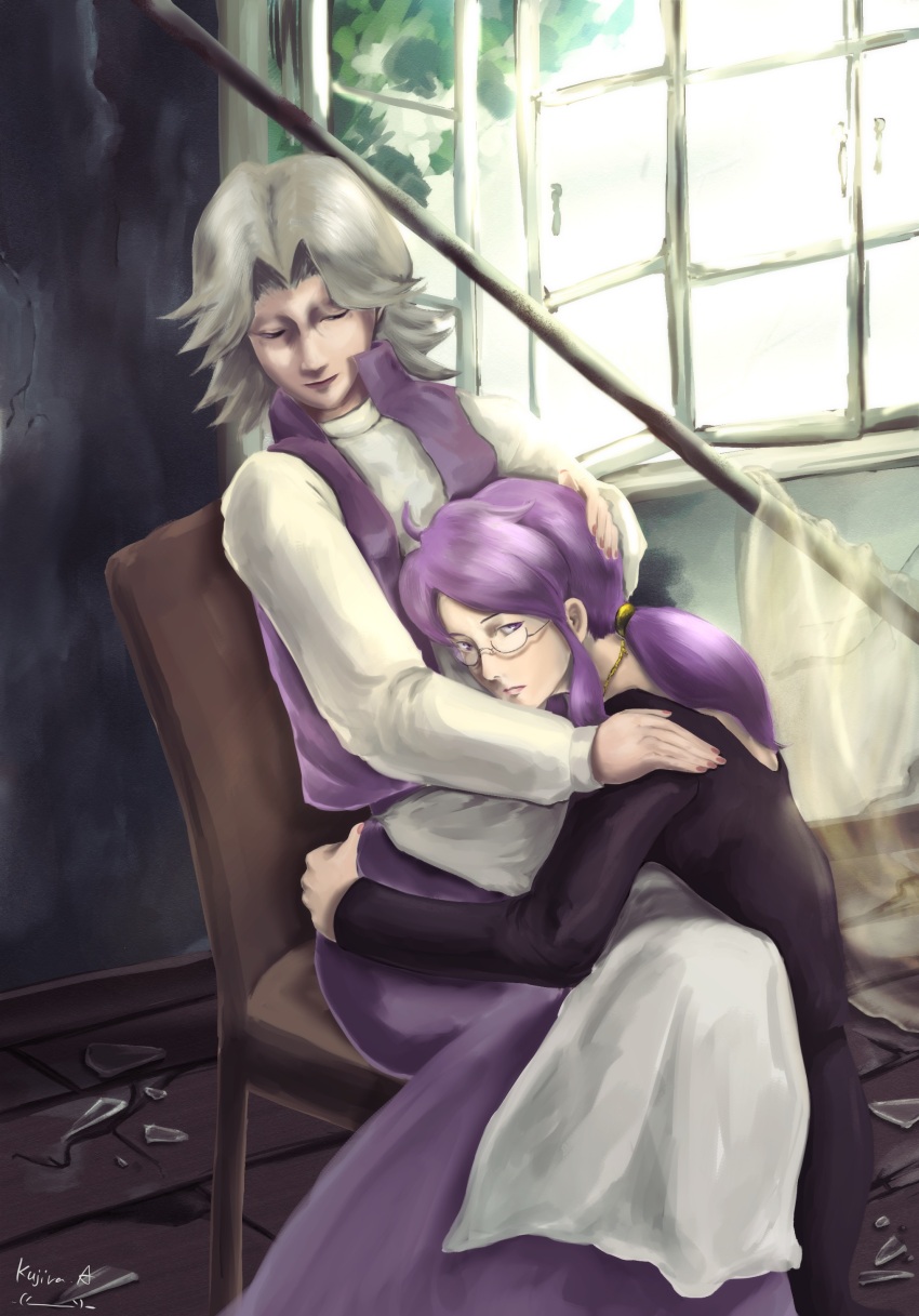 2girls absurdres agatha_(pokemon) akishima_kujira alternate_hair_color artist_name chair glass_shards grey_hair highres hug indoors jewelry long_sleeves lorelei_(pokemon) multiple_girls necklace nintendo pink_nails pokemon pokemon_adventures ponytail purple_eyes purple_hair purple_vest short_hair sitting vest window yuri