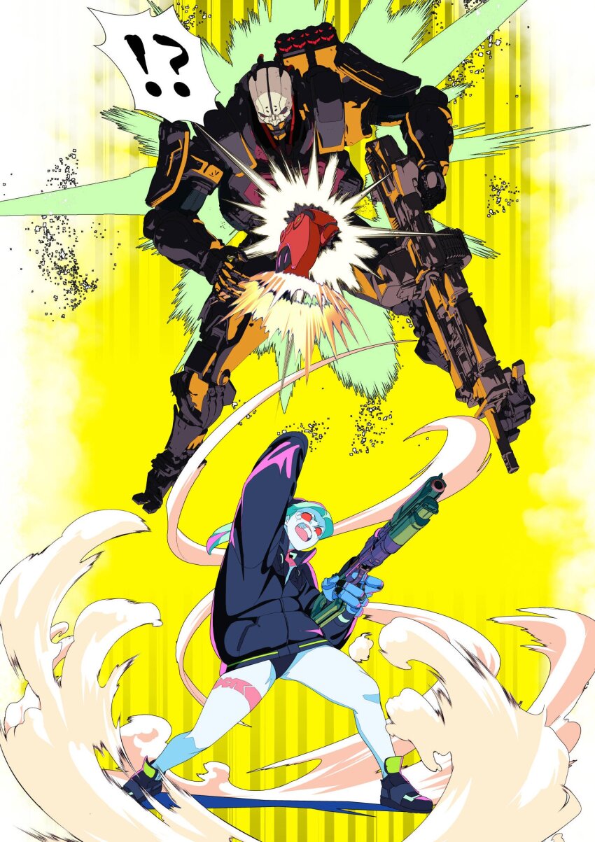 !? 1boy 1girl adam_smasher artificial_eye attack battle black_jacket black_shoes colored_sclera colored_skin commentary_request cyberpunk_(series) cyberpunk_edgerunners cyborg dust_cloud edoya_inuhachi finger_on_trigger green_hair gun highres holding holding_gun holding_weapon jacket leg_tattoo legs_apart long_hair long_sleeves open_mouth pink_tattoo rebecca_(cyberpunk) red_sclera rocket_punch samurai_jacket_(cyberpunk) shoes standing tattoo v-shaped_eyebrows weapon