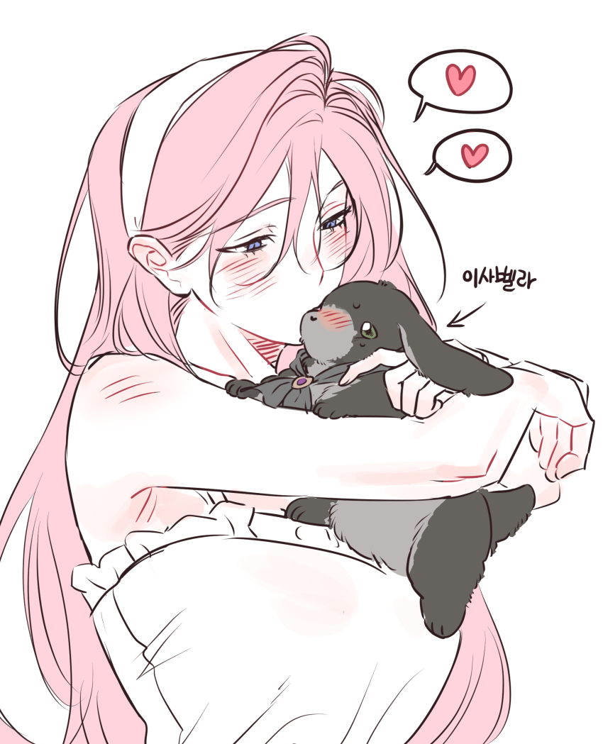 0820_lakia 1girl animal animalization bare_arms blue_eyes blush commentary_request dress hairband heart highres holding holding_animal kiss kissing_animal korean_commentary long_hair looking_at_another original pink_hair rabbit solo spoken_heart white_dress white_hairband yuri