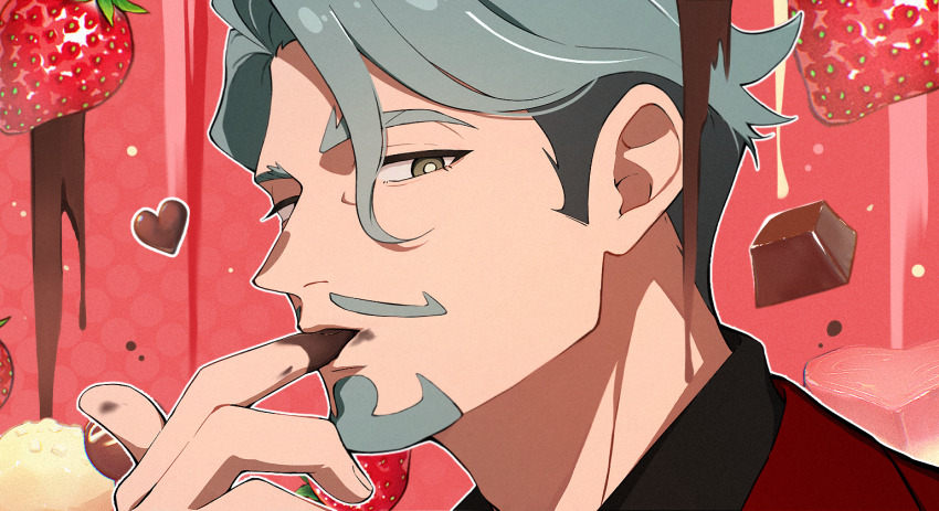 1boy beard black_shirt brown_eyes challia_bull choco_(chocovix112) chocolate_on_hand facial_hair finger_sucking food food_on_hand fruit grey_hair gundam gundam_gquuuuuux heart jacket looking_at_viewer male_focus mustache pink_background polka_dot polka_dot_background portrait red_jacket shirt solo strawberry thick_eyebrows