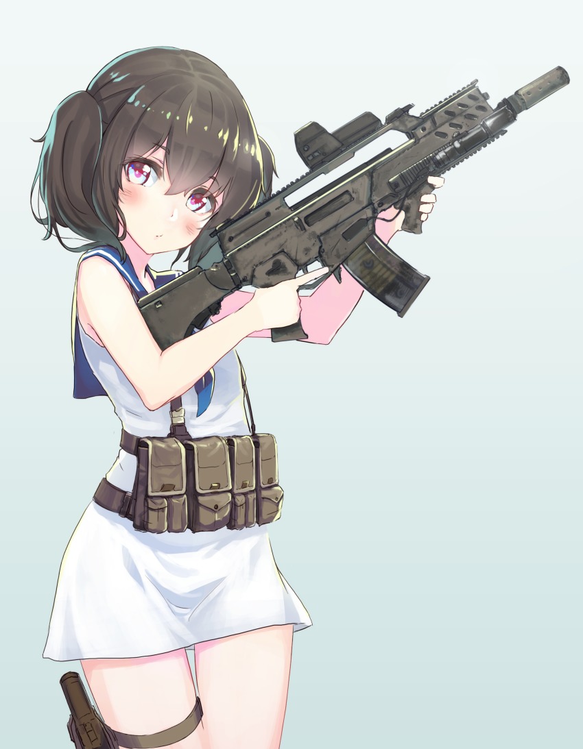 1girl absurdres assault_rifle blush female_focus flashlight gun h&amp;k_g36 highres holding holding_gun holding_weapon holographic_weapon_sight looking_at_viewer oota_youjo original reflector_sight rifle sight_(weapon) solo suppressor tactical_light thigh_strap trigger_discipline weapon