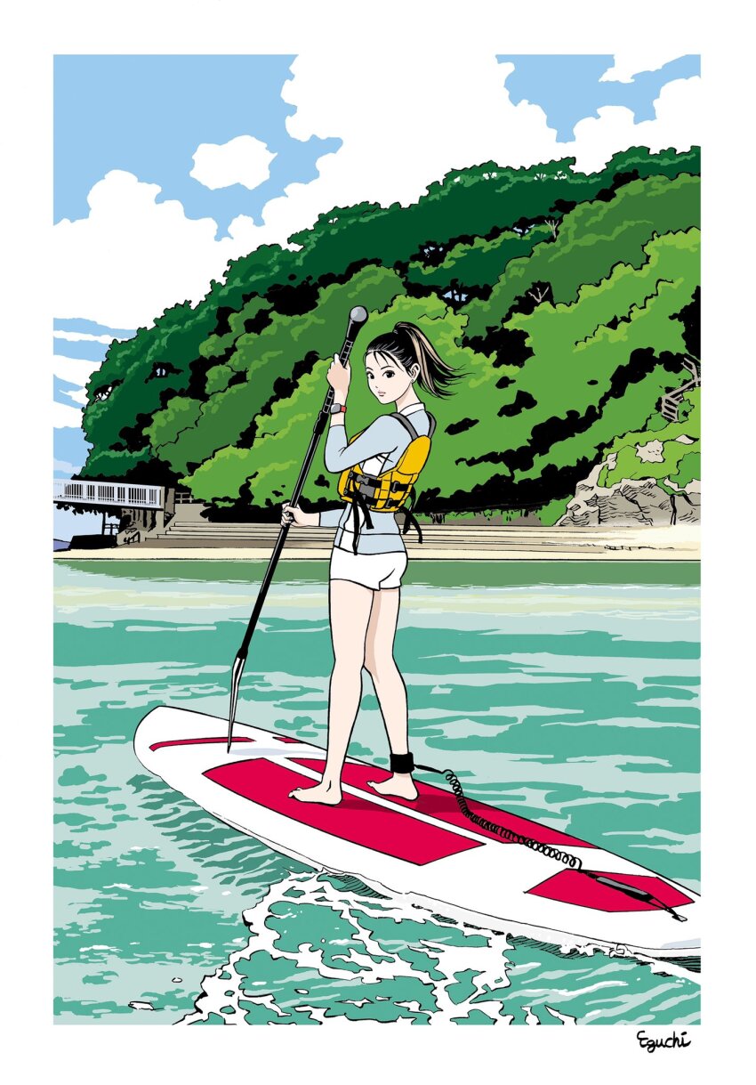 1girl aqua_nails aqua_shirt beach black_eyes black_hair boat border closed_mouth cloud day ear_piercing eguchi_hisashi forest from_behind full_body highres holding holding_oar life_vest long_sleeves looking_at_viewer looking_back nail_polish nature oar ocean original outdoors piercing pink_lips ponytail rock sand shirt shore shorts sky solo stairs standing thick_lips watch water watercraft waves white_border white_shorts wristwatch