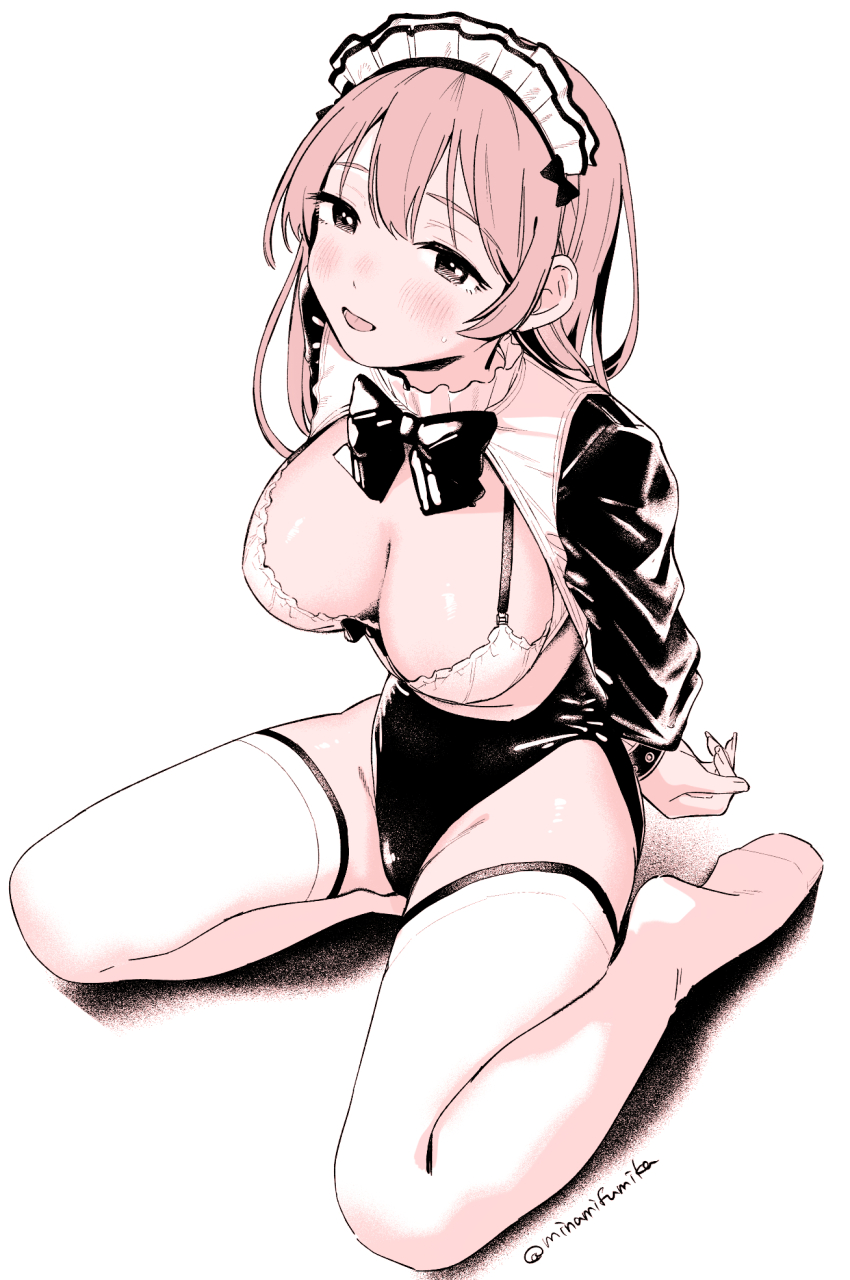 1girl black_bow black_bowtie black_leotard bound bow bowtie bra breasts highres leotard looking_at_viewer maid_headdress miyama_(kannsannn) open_mouth original shrug_(clothing) signature sitting tagme thighhighs underwear wariza