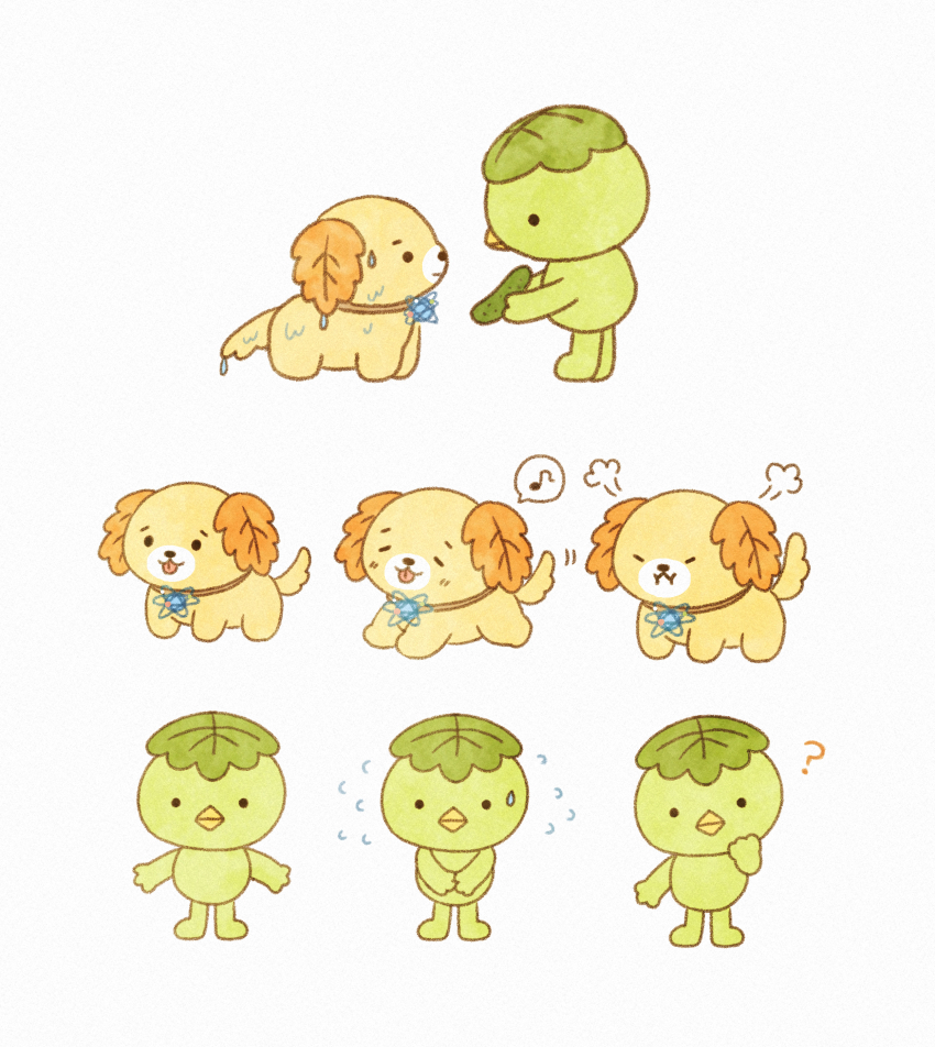 ? absurdres angry animal black_eyes cucumber dog flying_sweatdrops food highres holding holding_food holding_vegetable kappa mian_(user_kwcj2833) musical_note no_humans original simple_background solid_circle_eyes spoken_musical_note tongue tongue_out vegetable wet white_background