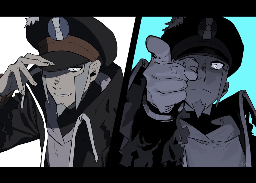 1boy armlet black_border black_coat black_hat black_undershirt blue_background border closed_mouth coat facial_hair frown glowing glowing_eyes goatee grey_eyes grey_hair greyscale greyscale_with_colored_background hand_on_headwear hat highres ingo_(pokemon) jewelry male_focus monochrome nintendo open_mouth pearl_clan_outfit pointing pointing_at_viewer pokemon pokemon_legends:_arceus short_hair sideburns smile torn_clothes torn_coat turtleneck undershirt white_background yc157_ar
