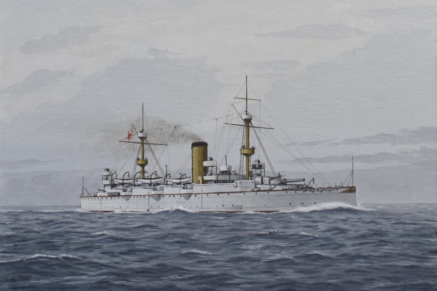 acrylic_paint_(medium) atelier_bono blue_sky cannon cloud cloudy_sky cruiser flag highres imperial_japanese_navy mast military_vehicle no_humans ocean original painting_(medium) ship ship_turret sky smokestack takasago_(cruiser) traditional_media vehicle_focus warship watercraft weapon