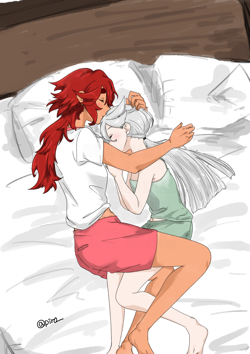 2girls 715piro_gon absurdres barefoot blush camisole closed_eyes closed_mouth commentary_request cuddling dark-skinned_female dark_skin green_camisole green_shorts gundam gundam_suisei_no_majo highres leg_between_thighs long_hair miorine_rembran multiple_girls on_bed pillow pink_shorts red_hair shirt short_sleeves shorts sleeping suletta_mercury thick_eyebrows white_hair white_shirt yuri
