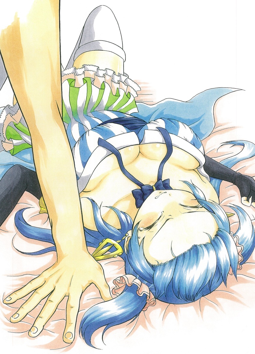 1girl absurdres ajikeneko black_gloves blue_eyes blue_hair blue_ribbon blush breasts choker cleavage closed_eyes commentary_request dress earrings elbow_gloves fingerless_gloves forehead frilled_dress frills gloves gradient_clothes gradient_dress hair_ornament hair_scrunchie highres jewelry large_breasts long_hair magia_record:_mahou_shoujo_madoka_magica_gaiden magical_girl mahou_shoujo_madoka_magica minami_rena ribbon ribbon_choker scrunchie solo_focus tearing_up thighhighs traditional_media two_side_up white_thighhighs zettai_ryouiki