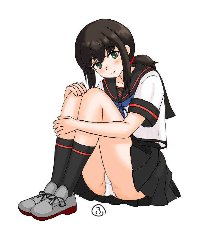 1girl black_hair black_sailor_collar black_skirt black_socks blue_neckerchief fiotan fubuki_(kancolle) fubuki_kai_ni_(kancolle) green_eyes grey_shoes highres hugging_own_legs kantai_collection long_hair low_ponytail neckerchief panties pleated_skirt ponytail sailor_collar school_uniform serafuku shirt shoes short_ponytail sidelocks simple_background sitting skirt socks solo underwear white_background white_panties white_shirt