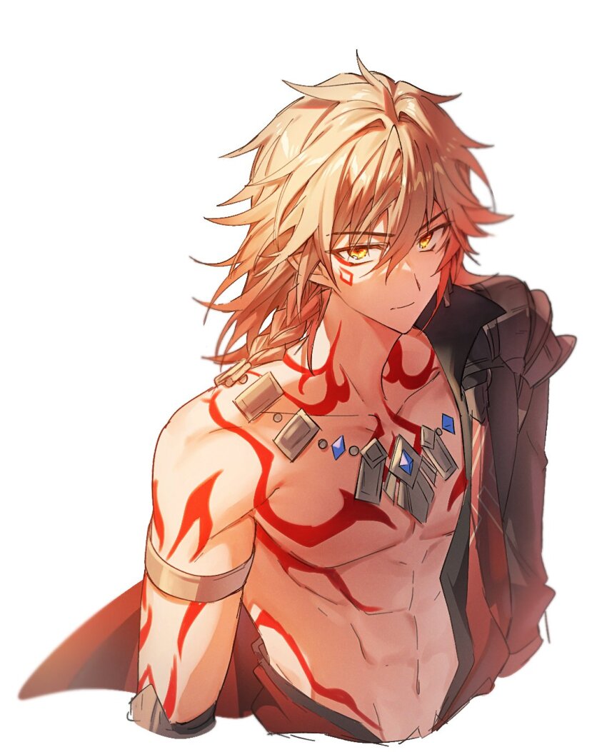 1boy abs arm_tattoo armlet bl_tarock black_coat blonde_hair braid chest_tattoo clawed_gauntlets coat earrings facial_tattoo gold_earrings gold_necklace gradient_hair highres honkai:_star_rail honkai_(series) jewelry male_focus medium_hair multicolored_hair mydei_(honkai:_star_rail) necklace open_clothes open_coat red_hair red_tattoo side_braid simple_background solo tattoo toned toned_male white_background yellow_eyes