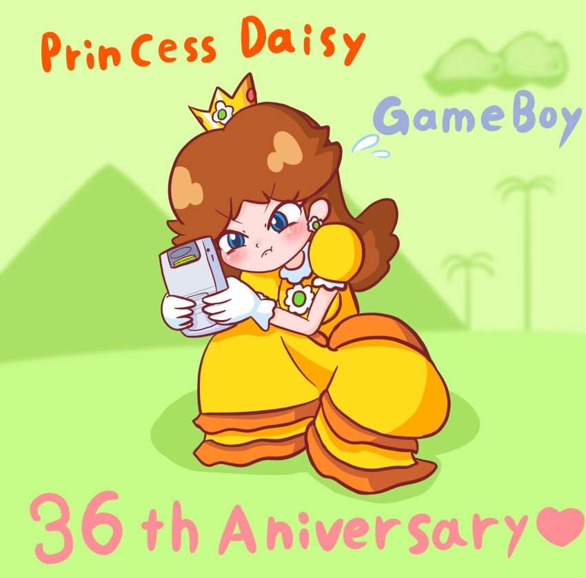 1girl angry anniversary blue_eyes breasts brown_hair crown dress earrings flower_earrings game_boy gloves handheld_game_console highres jewelry long_hair mario_(series) nintendo orange_dress princess_daisy puffy_short_sleeves puffy_sleeves short_sleeves super_mario_land tomboy