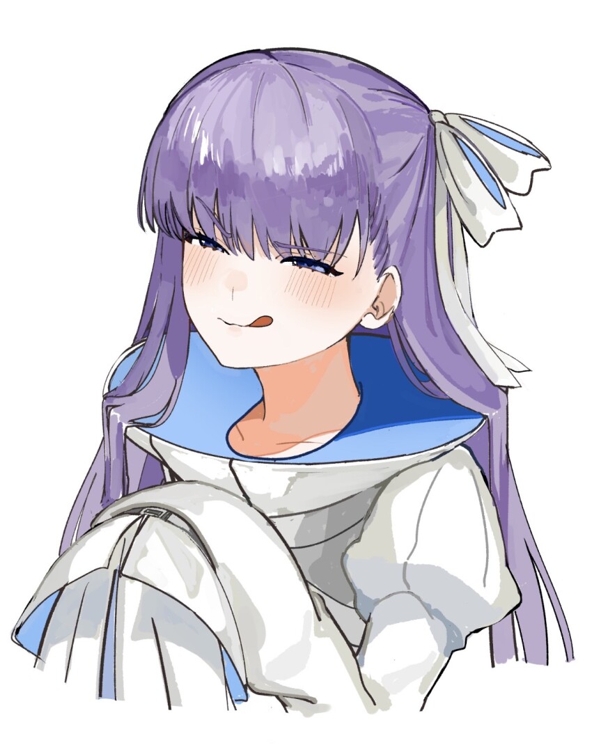 1girl blue_eyes blush breasts fate/grand_order fate_(series) hair_ribbon highres jacket licking_lips long_hair long_sleeves looking_at_viewer meltryllis_(fate) meltryllis_(third_ascension)_(fate) nyokinyoki_18 purple_hair ribbon sleeves_past_fingers sleeves_past_wrists small_breasts smile solo tongue tongue_out white_jacket white_ribbon