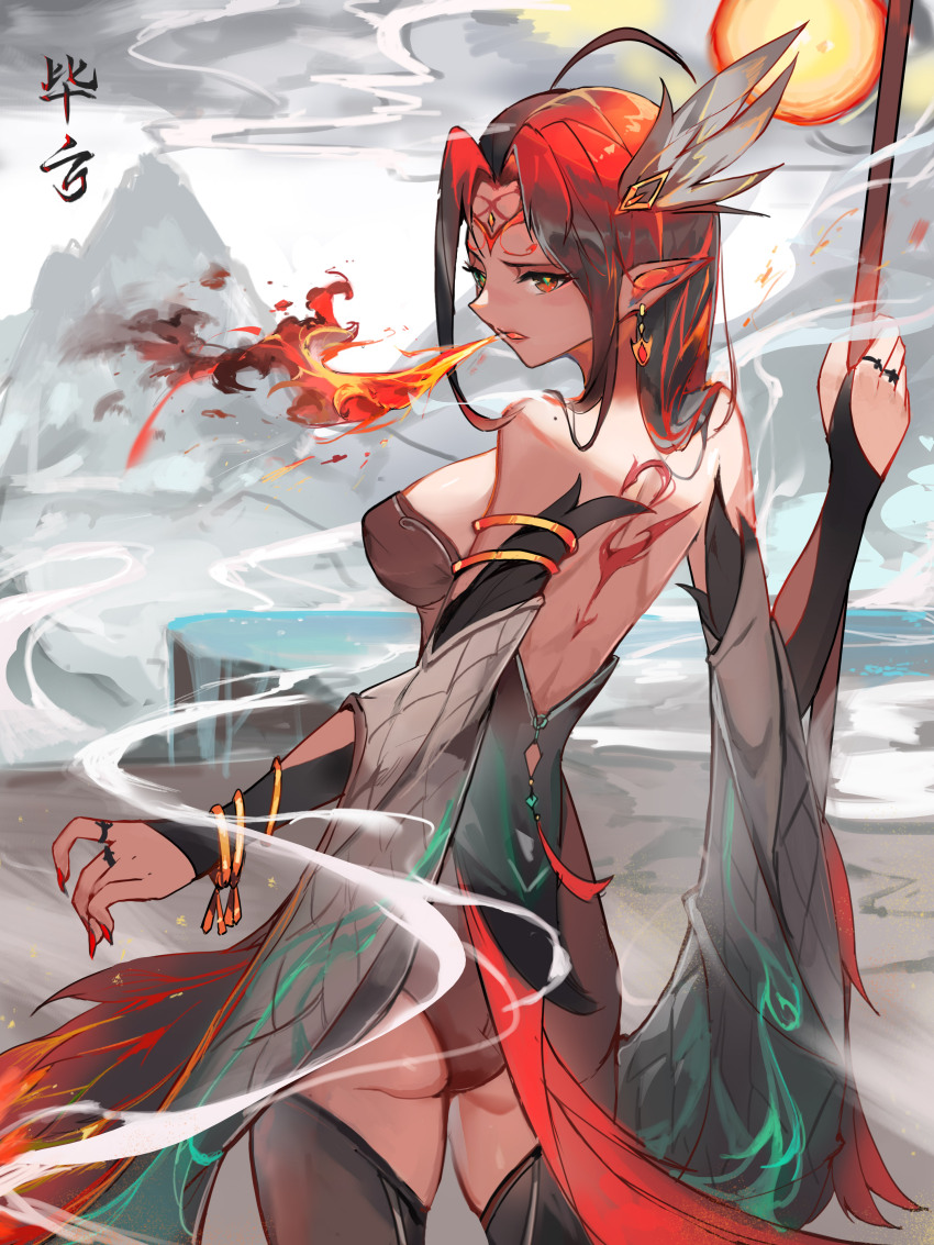 1girl absurdres ass back_tattoo bare_back black_thighhighs breasts breath_weapon breathing_fire chinese_clothes commentary_request earrings fire from_behind gem highres jewelry large_breasts long_hair looking_at_viewer looking_back mountainous_horizon orange_eyes orange_hair original pointy_ears red_gemstone solo tattoo thighhighs youlan