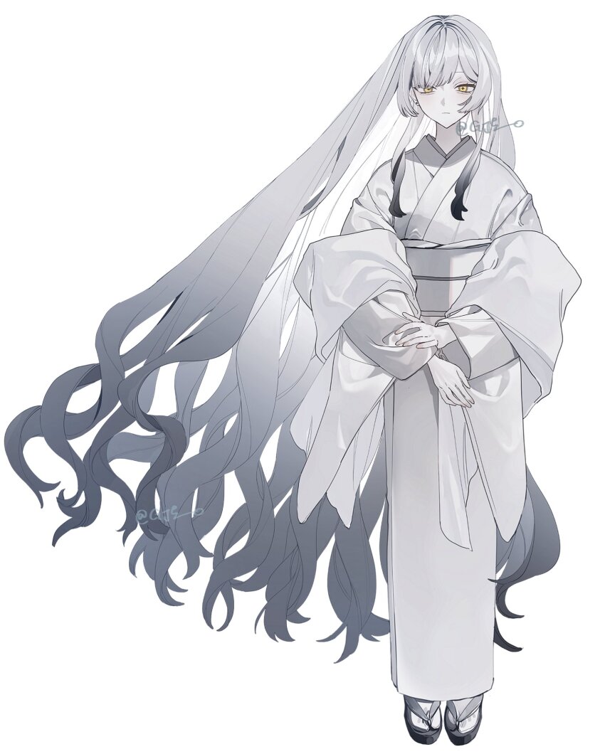 1girl expressionless full_body gradient_hair grey_hair hand_on_own_wrist highres japanese_clothes kimono long_hair mizu_(gj5_o) multicolored_hair obi obijime original sandals sash simple_background solo spot_color standing straight-on tabi twitter_username very_long_hair white_background white_hair white_kimono yellow_eyes zouri
