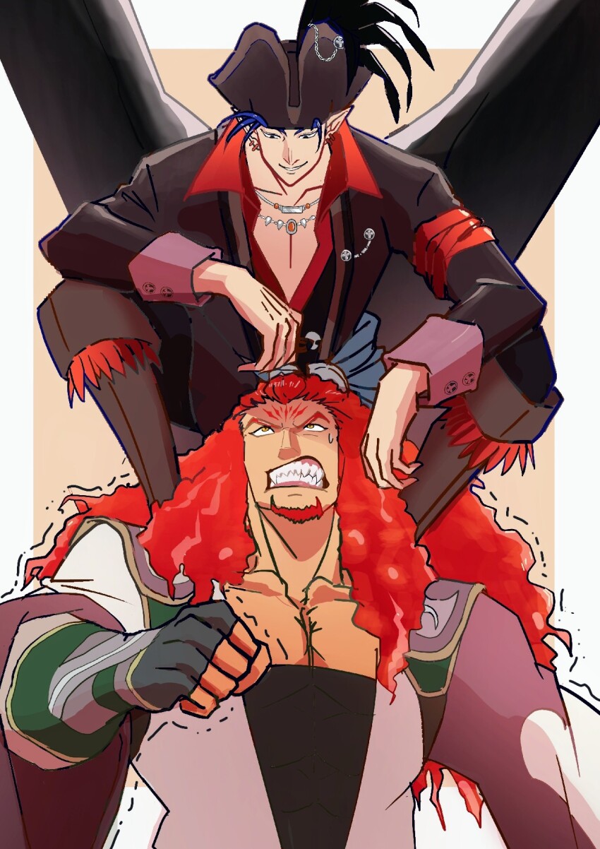 2boys black_wings blue_hair clenched_hand clenched_teeth commentary_request earrings fire_emblem fire_emblem:_radiant_dawn fire_emblem_heroes hat highres jewelry long_hair male_focus multiple_boys muscular muscular_male naesala1063 naesala_(fire_emblem) naesala_(pirate)_(fire_emblem) naesala_(sea&#039;s_shadow)_(fire_emblem) nintendo official_alternate_costume pectoral_cleavage pectorals pirate_hat pointy_ears red_hair skrimir_(fire_emblem) teeth wings
