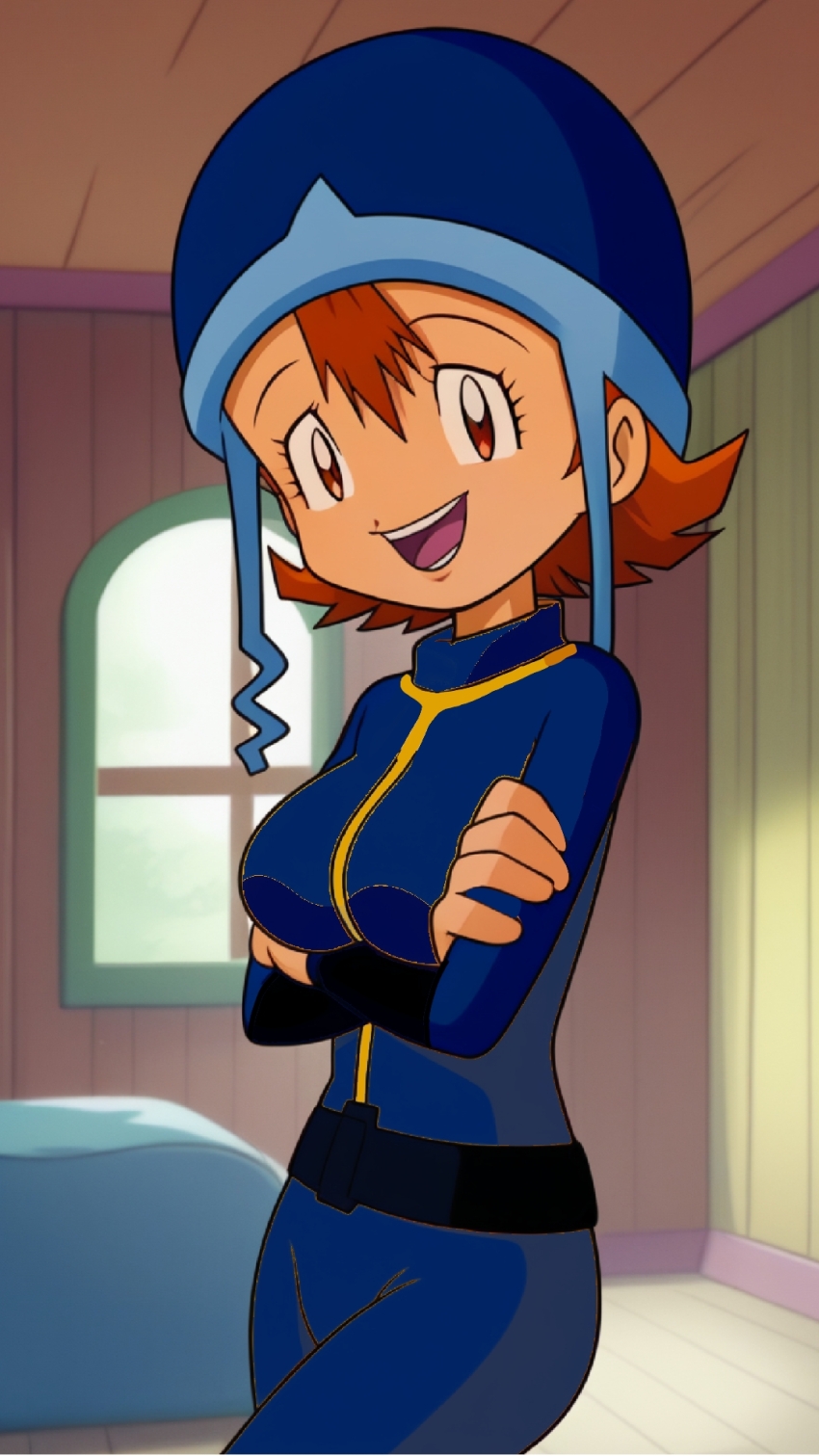 arms_under_breasts blue_bodysuit blue_hat bodysuit cowboy_shot crossed_arms crossover digimon digimon_adventure fallout fallout_3 happy hat helmet highres jumpsuit long_sleeves looking_at_viewer non-web_source open_mouth orange_eyes orange_hair short_hair smile takenouchi_sora vault_girl vault_suit
